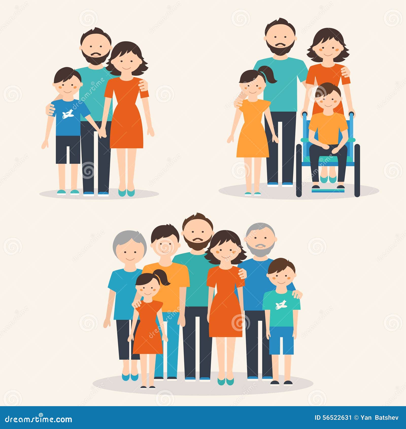 nuclear family, family with special needs child and extended family. families of different types