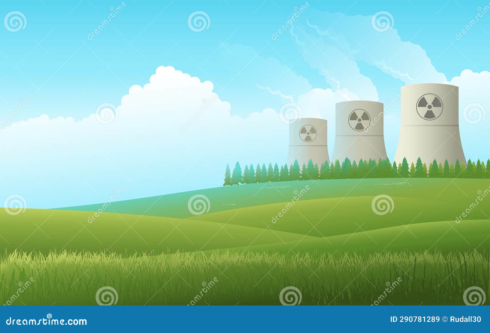 Nuclear Power Plant Amidst a Serene Meadow Stock Illustration