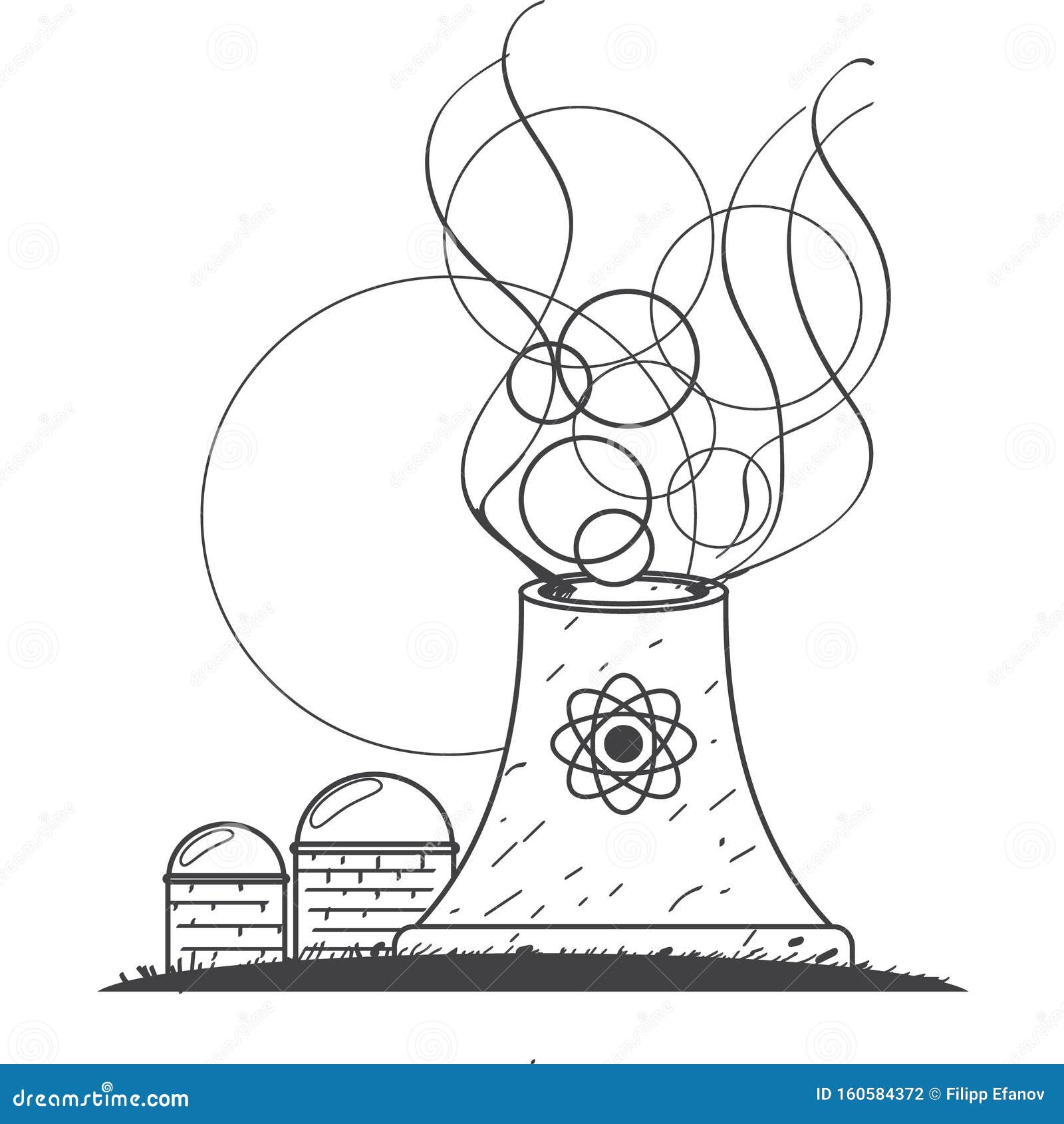 Nuclear Power Plant Black and White Outline Drawing Stock Illustration