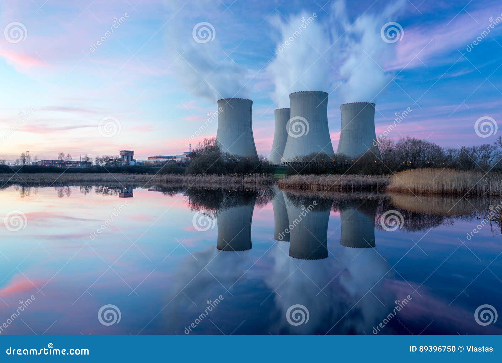 nuclear power plant with dusk landscape.
