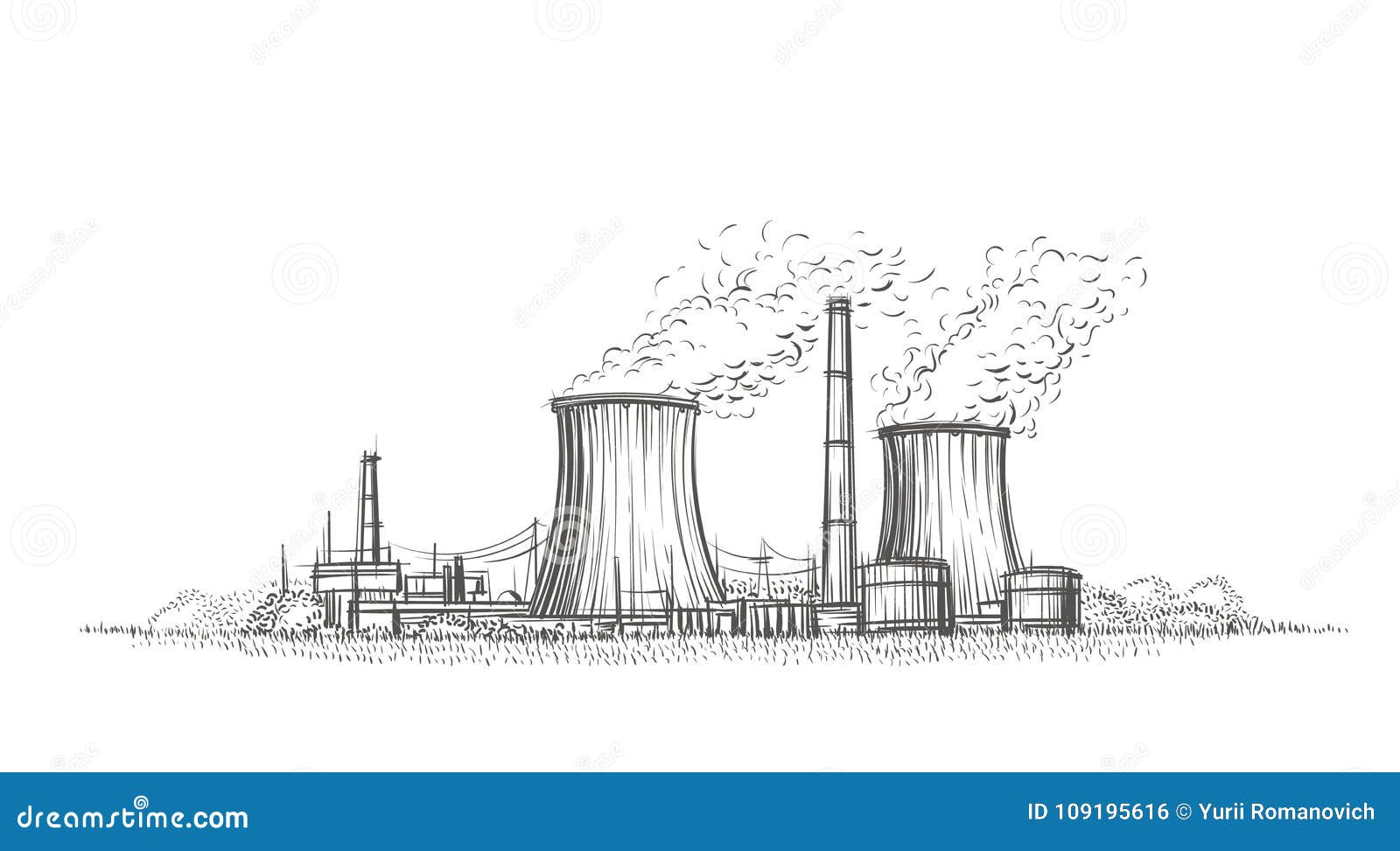 Nuclear Power Plant Hand Drawn Sketch. Vector. Stock Vector