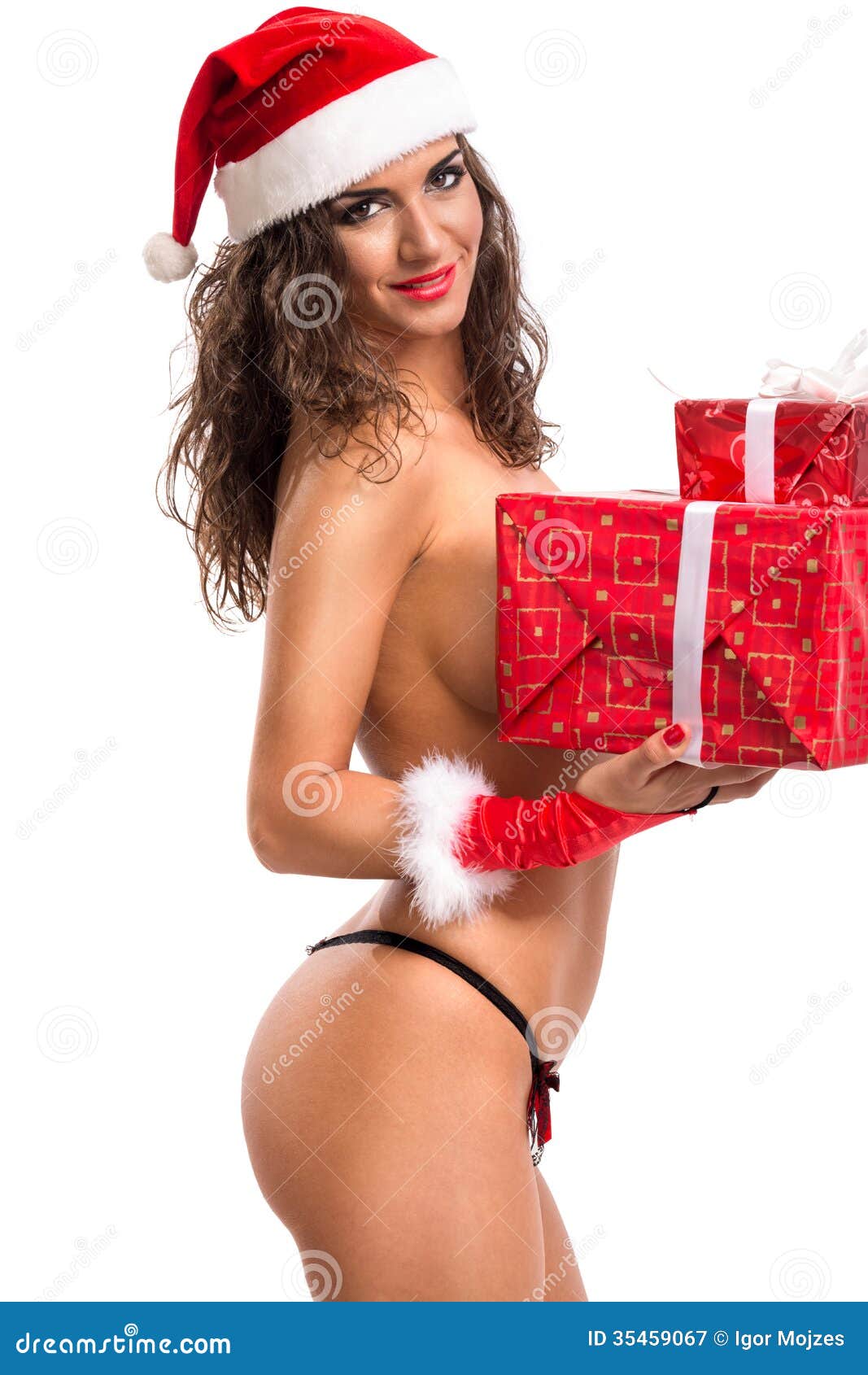 Nude Christmas Woman Holding Present Stock Image
