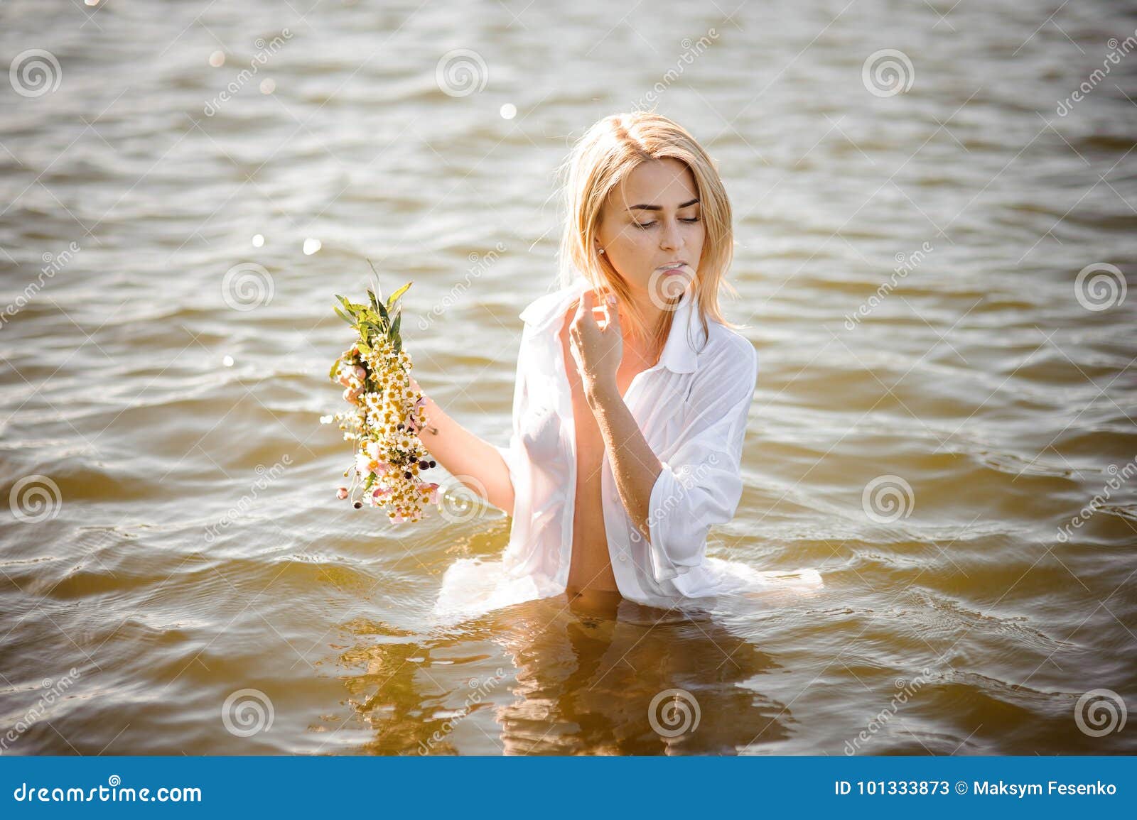 Nude Portrait Of Pretty Blond Girl In White Wet Shirt Stock Image