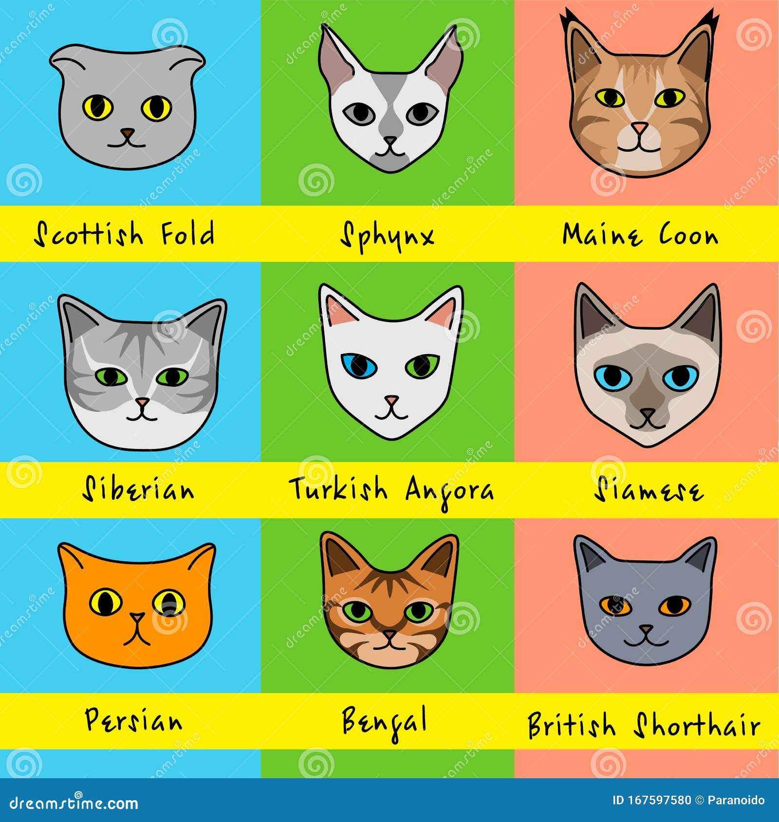 Nueve Gatos Se Reproducen En Tiernos Dibujos Animados Con Nombres De  Colores Vivos Ilustración del Vector - Ilustración de aislado, felino:  167597580