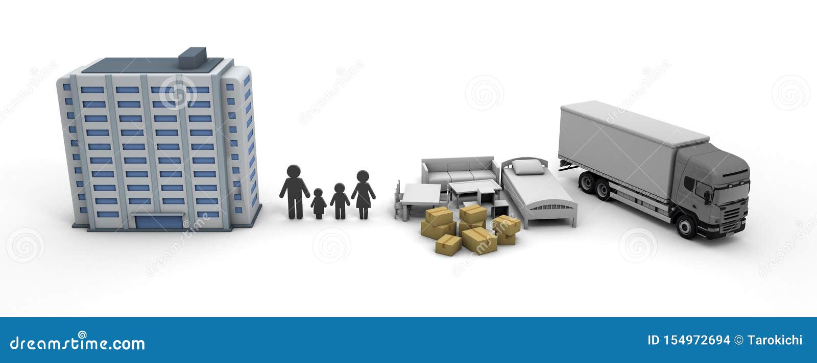 Nuevo ejemplo de la residencia 3D de la compra móvil del apartamento. Movimiento con su familia Nuevo ambiente Una vida feliz está esperando Porciones que llevan de muebles El equipaje es llevado por un camión pesado Compre un nuevo hogar Porciones de cartulina Organice su equipaje