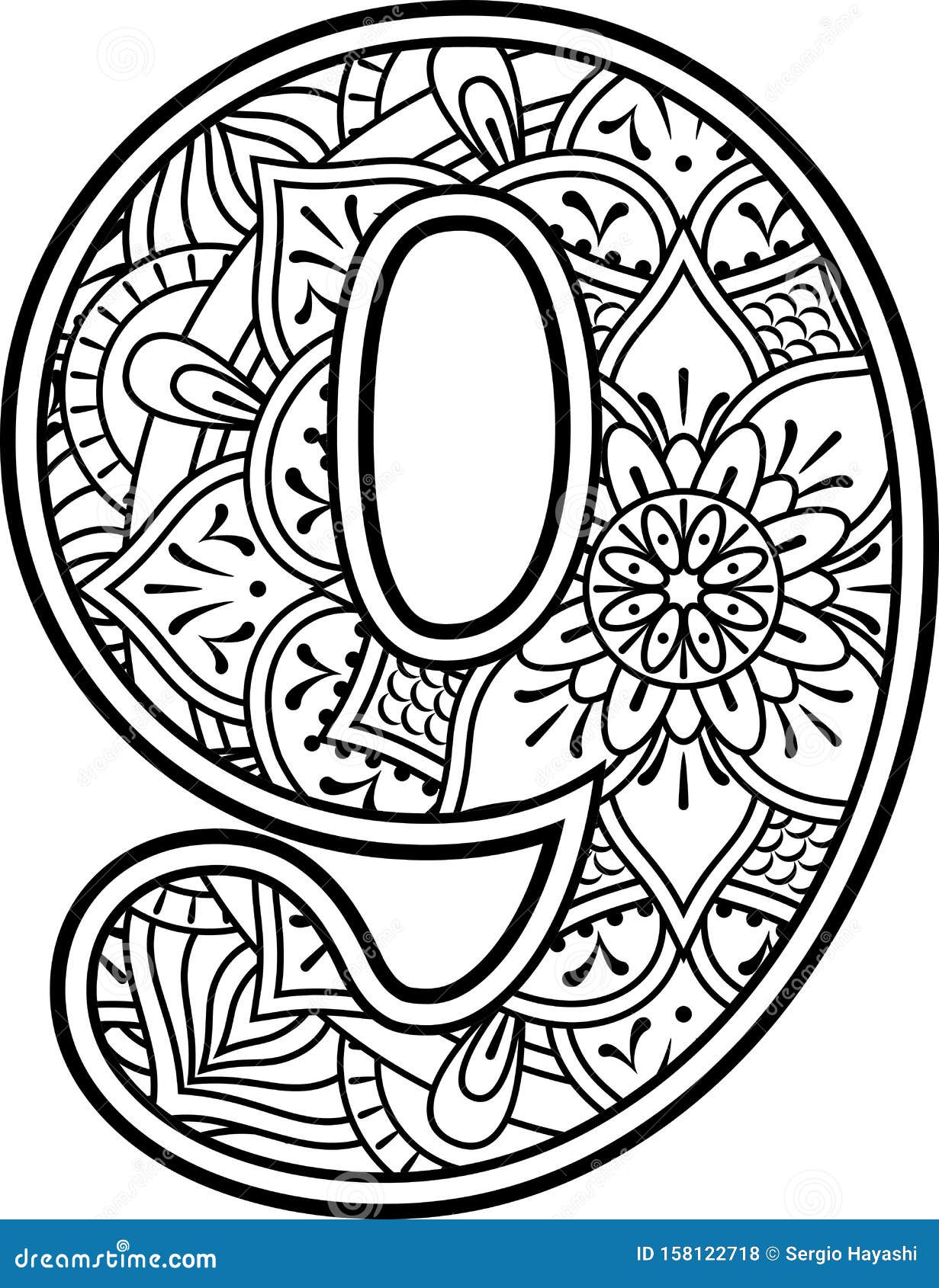Download Number 9 Doodle Mandala Art Coloring Therapy Stock Vector ...