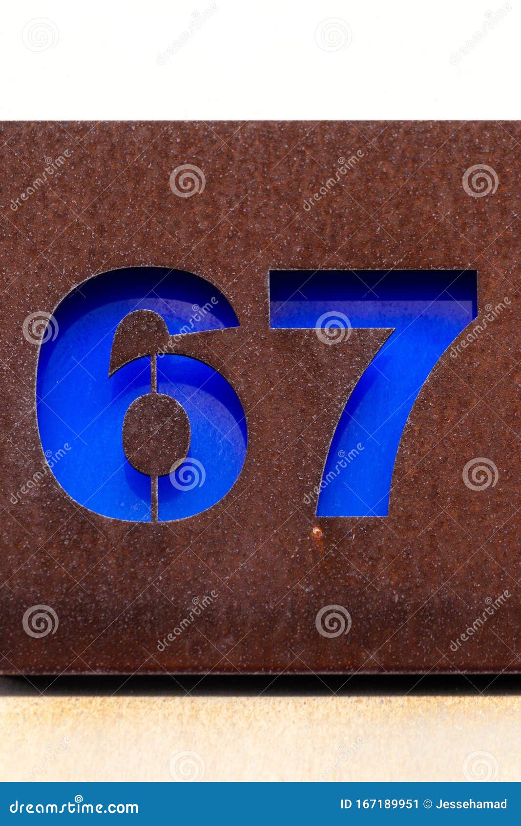 Number 67 Blue Cutout House Number On Metal Plate Stock Image - Image ...