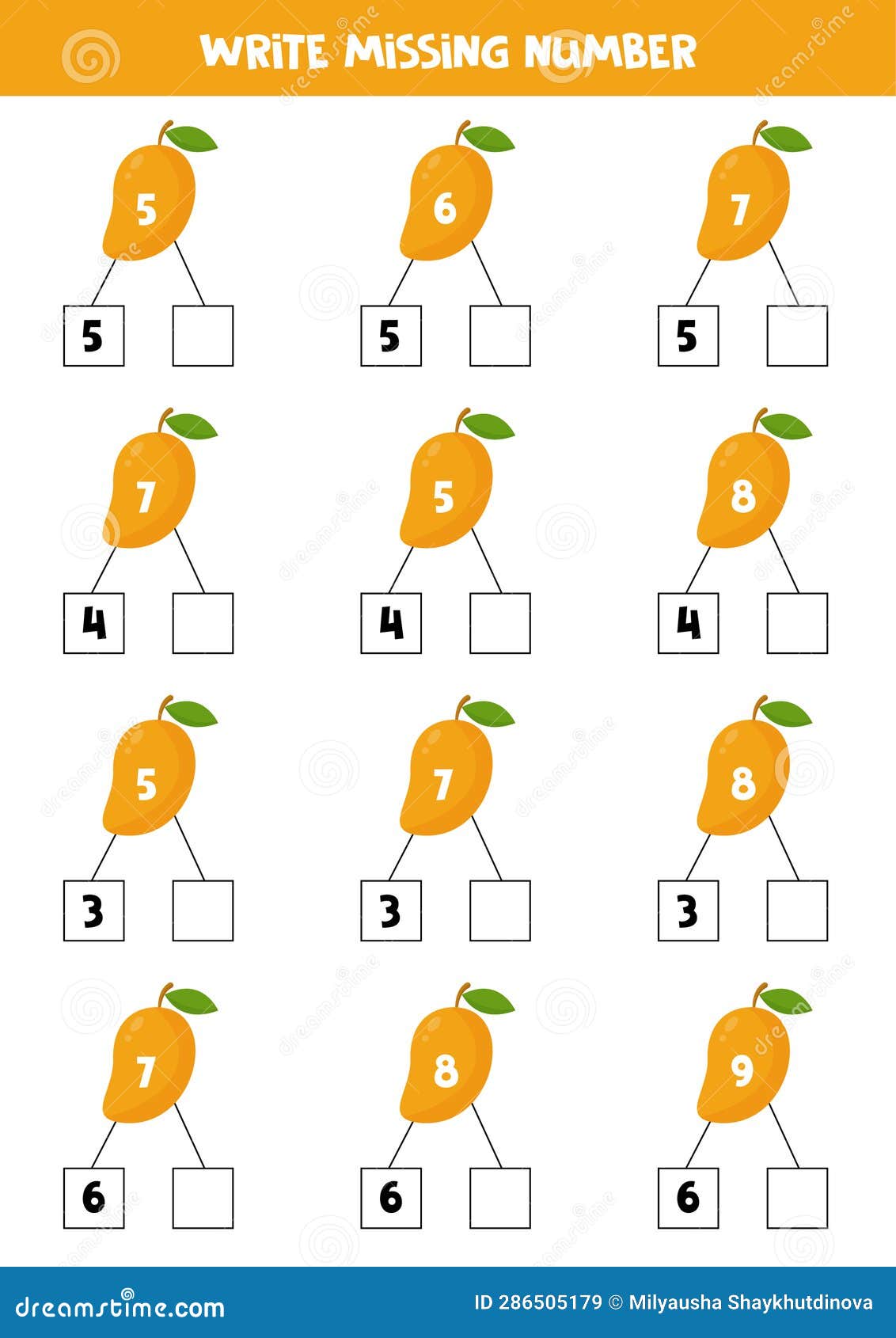 Number Bonds with Cute Cartoon Mangos for Kids Stock Vector