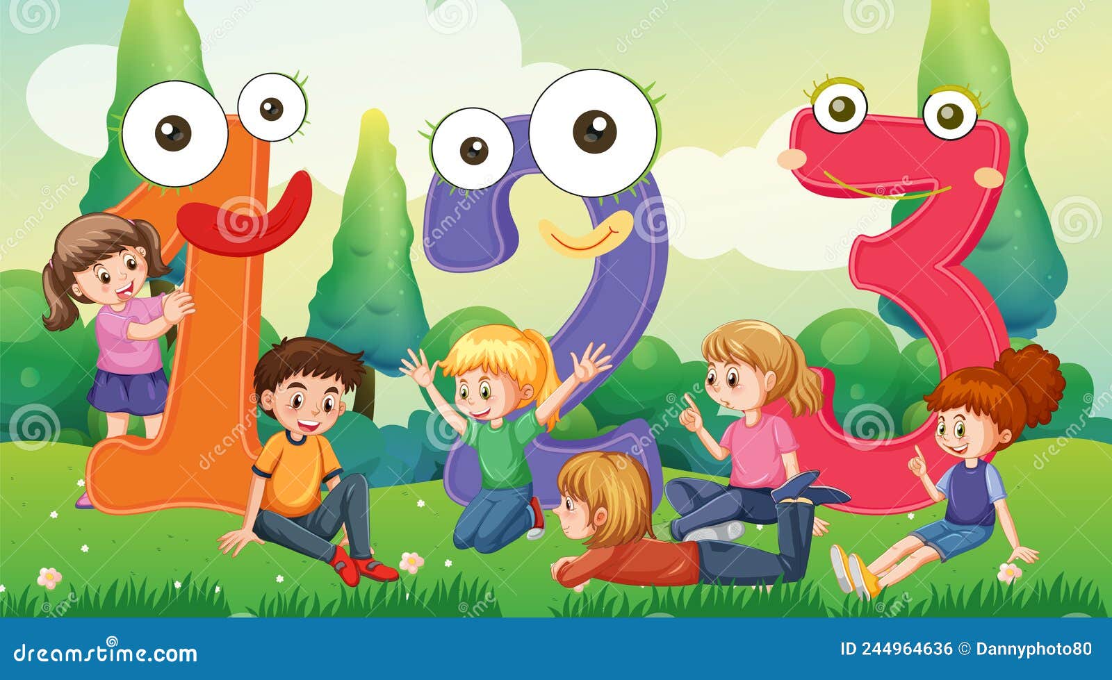 Number 1 2 3 with Children Cartoon Character Stock Vector