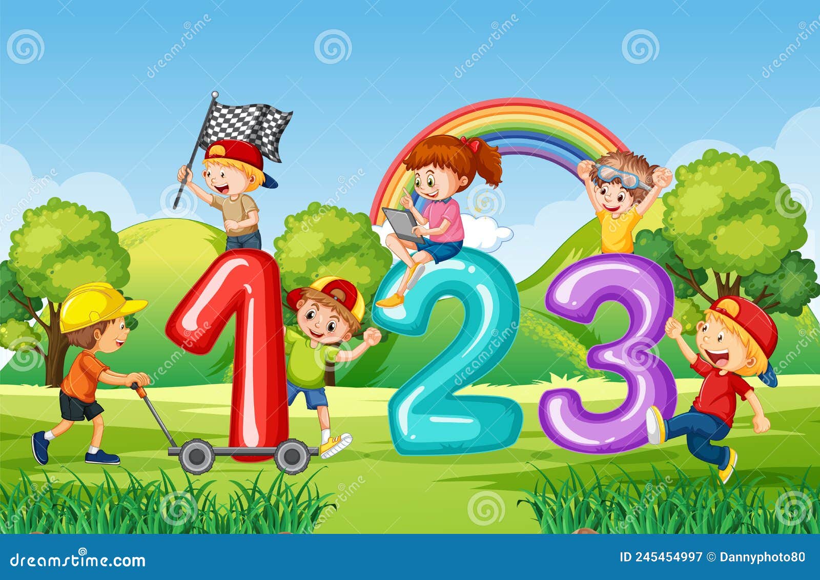 Number 1 2 3 with Children Cartoon Character Stock Vector
