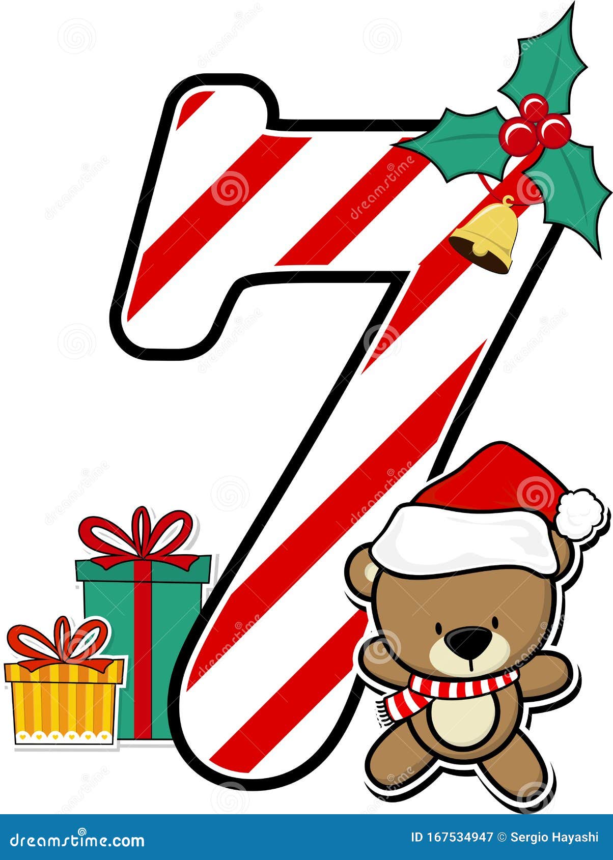 Number 7 with Cute Teddy Bear and Christmas Design Elements Stock Vector - Illustration of cane, clipart: 167534947