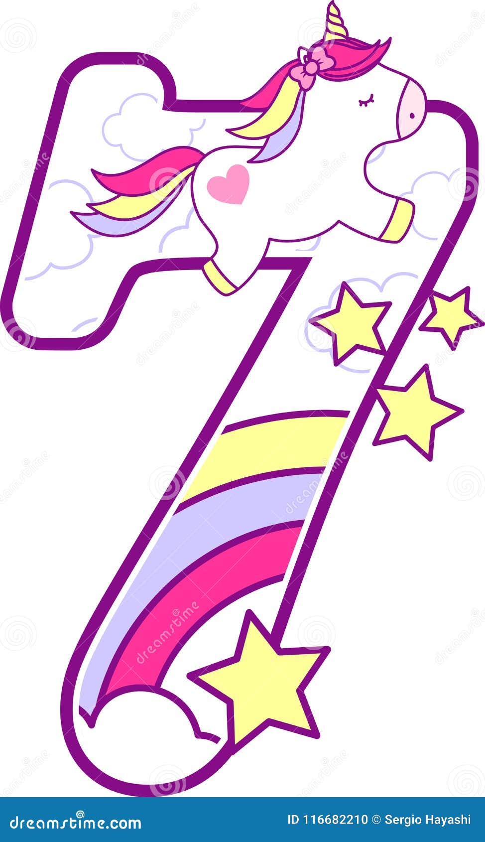 Number 7 with Cute Unicorn and Rainbow Stock Vector - Illustration