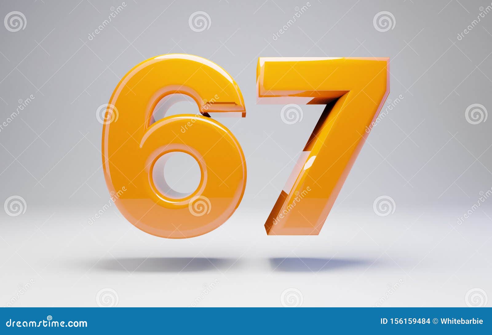 Number 67. 3D Orange Glossy Number Isolated on White Background Stock ...