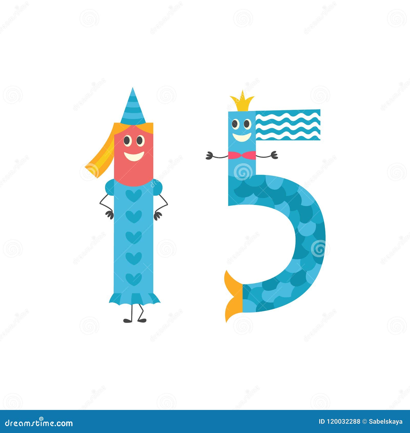 Number fifteen cartoon character for teaching children or birthday invitation - adorable number 1. Number fifteen cartoon character for teaching children or birthday invitation - adorable number 15 isolated on white background. Funny flat vector illustration of arithmetic element.