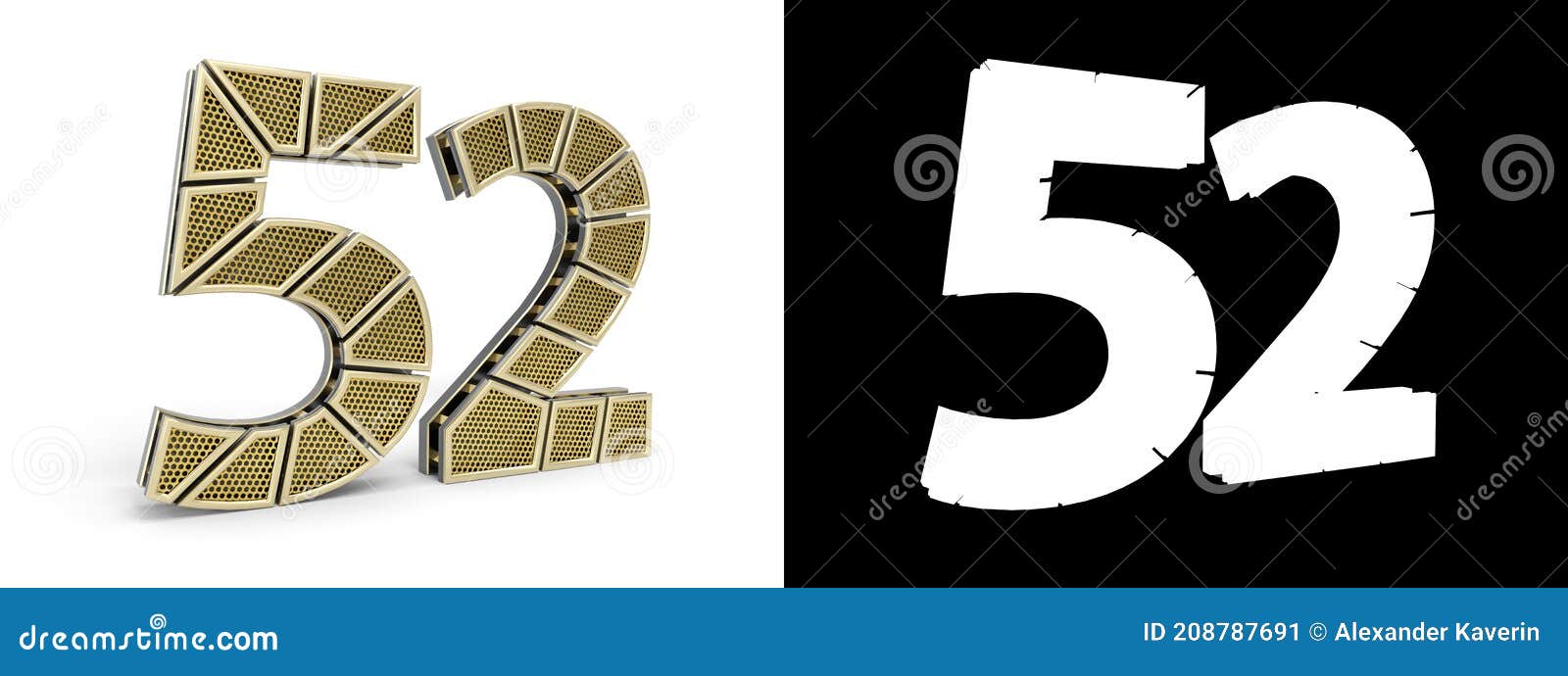 number fifty-two (number 52) with perforated gold segments