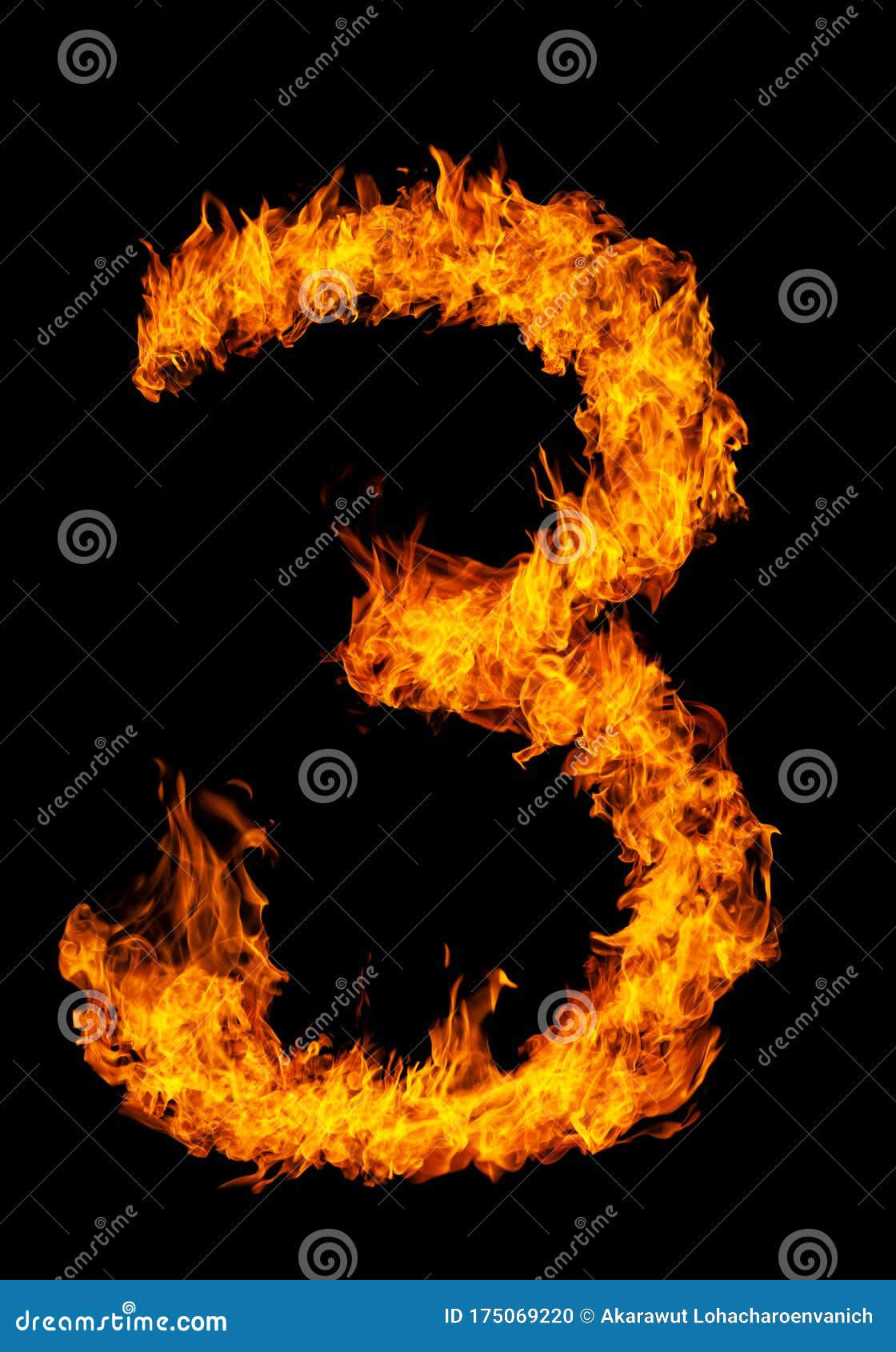 Number 3 Font In Burning Fire Isolated On Dark Background For Numeric