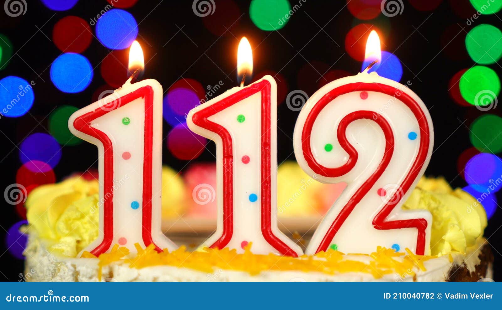 Number 112 Happy Birthday Cake with Burning Candles Topper. Stock