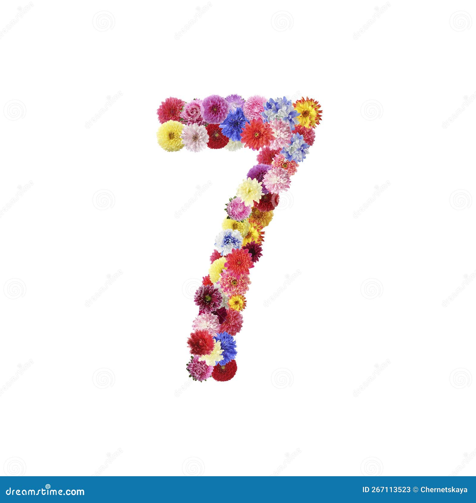 Number 7 Made of Beautiful Flowers on White Background Stock