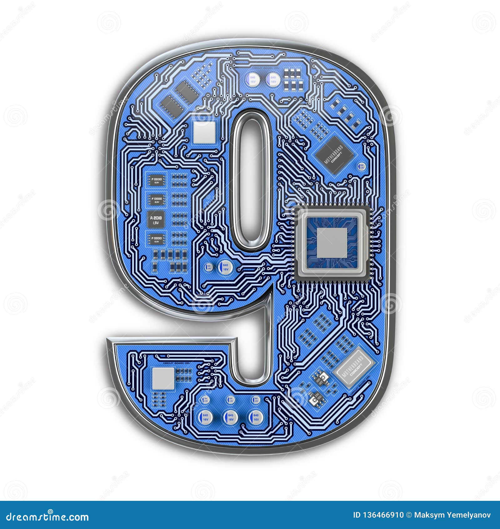 Number 9 Nine Alphabet in Circuit Board Style. Digital Hi-tech Letter ...