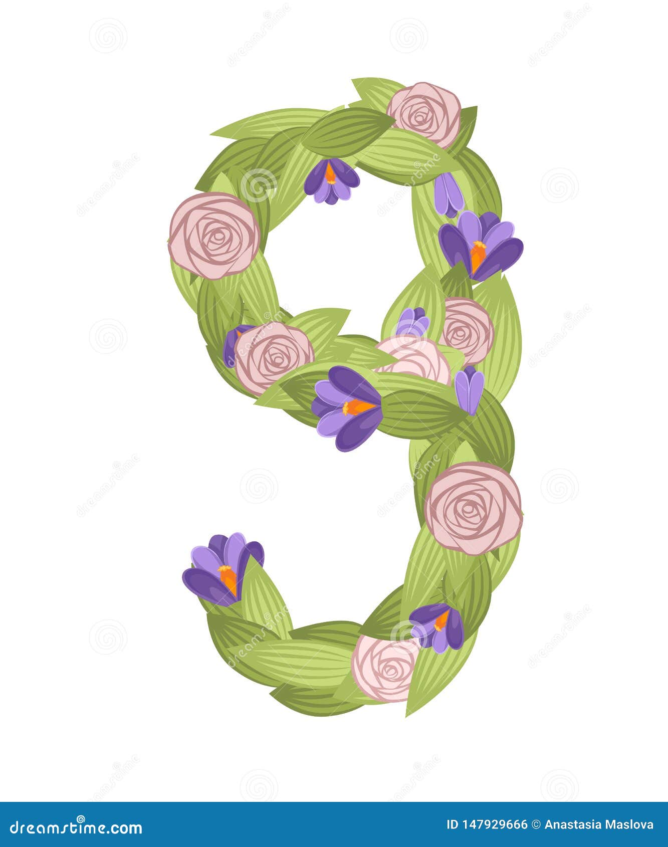 Number Nine. Cartoon Flower Font Design. Number 9 with Flowers and Leaves  Stock Illustration - Illustration of congratulation, pink: 147929666