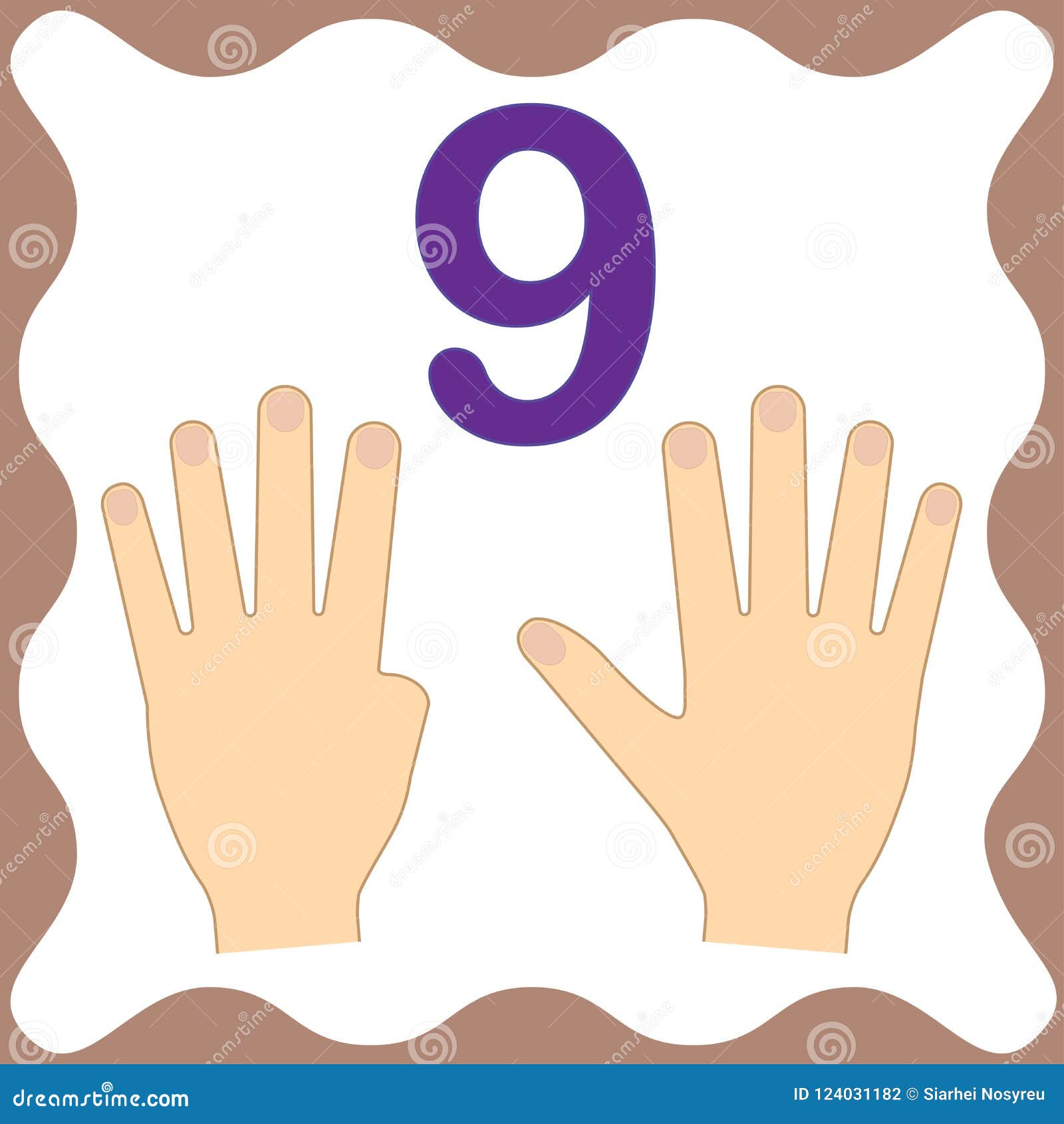 Number 9 Nine, Educational Card,learning Counting with Fingers Stock