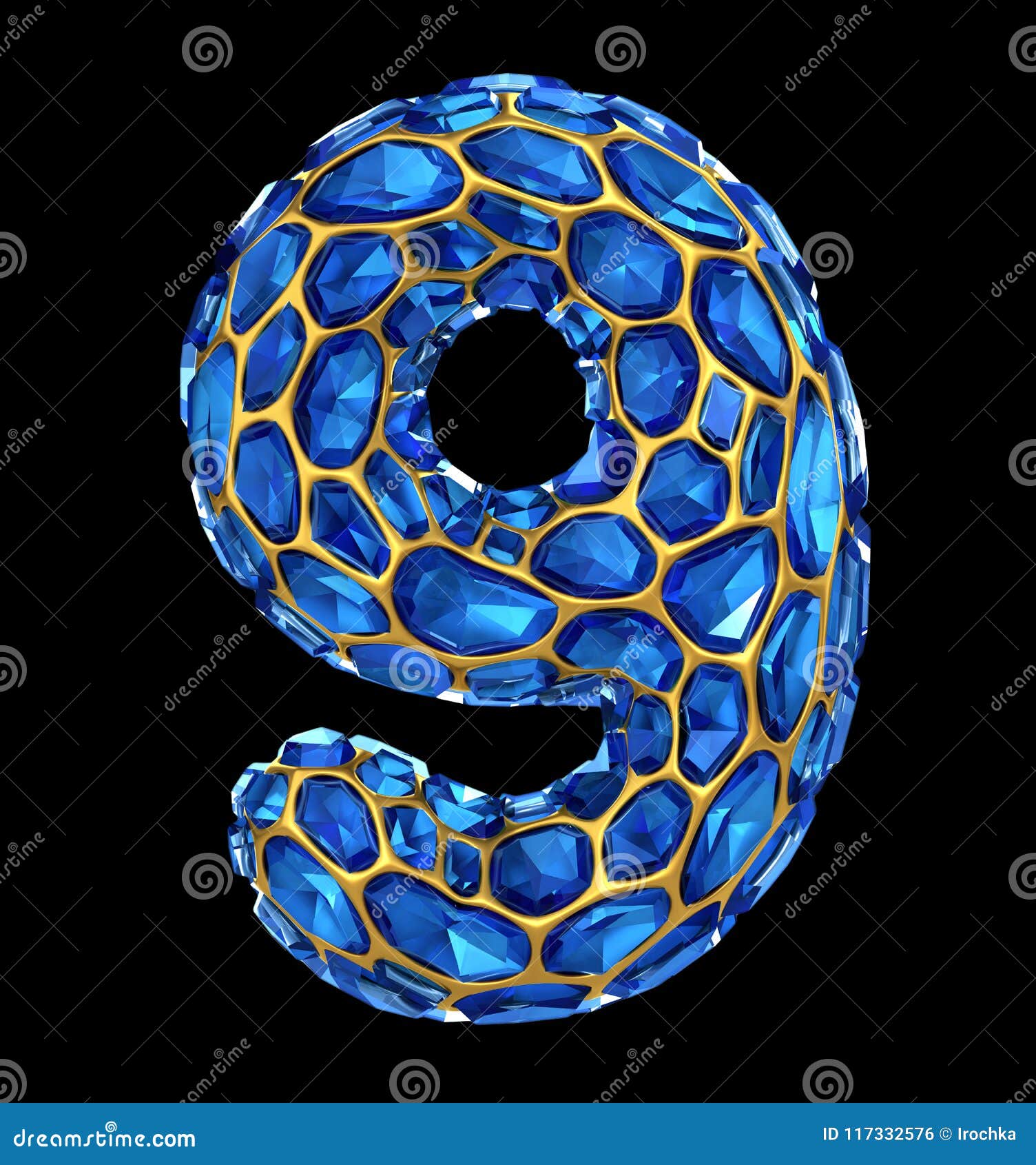 Number 9 Nine Made of Blue Diamond Isolated on Black Background. 3d Stock Illustration