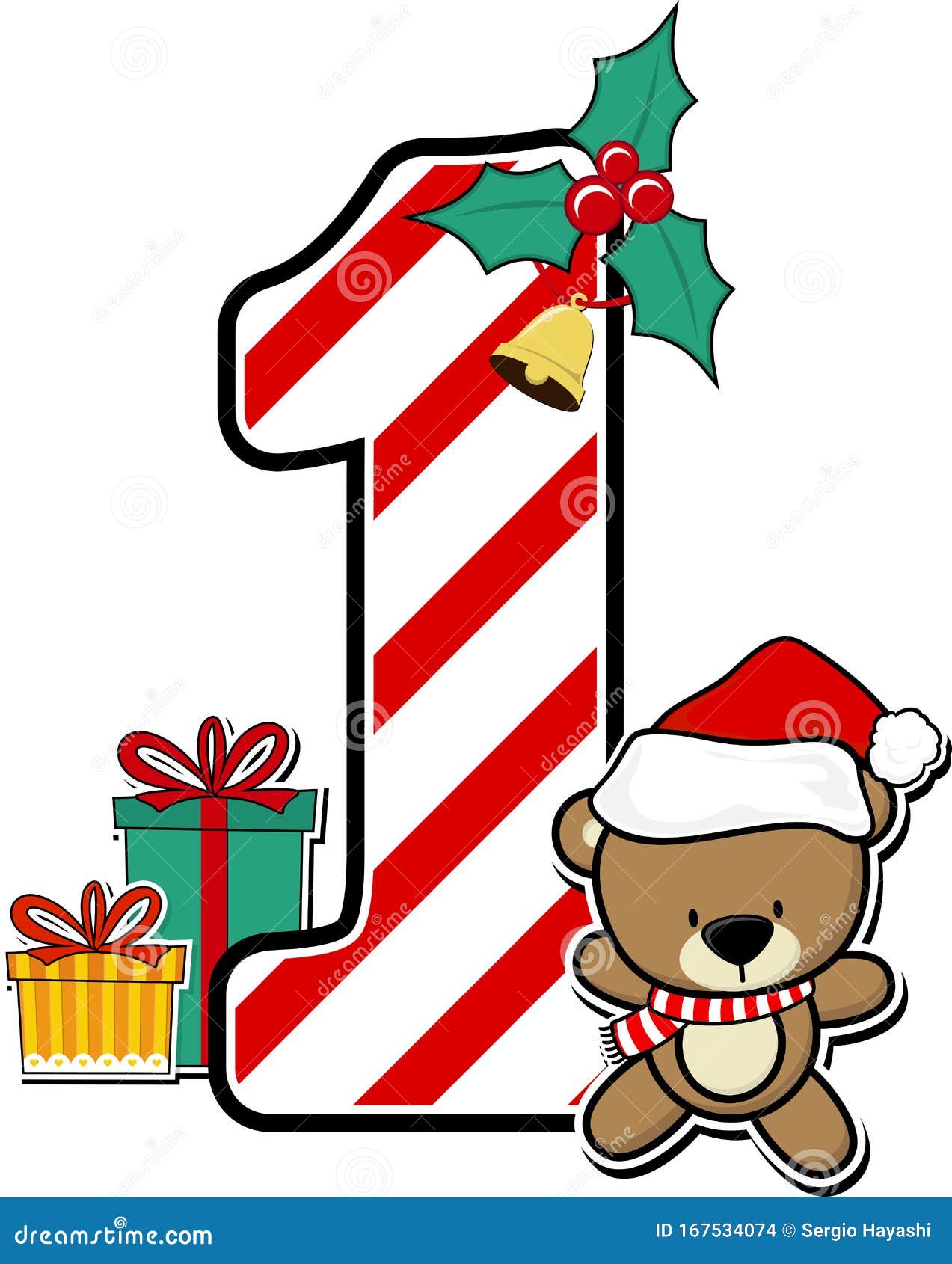 Number 1 with Cute Teddy Bear and Christmas Design Elements Stock