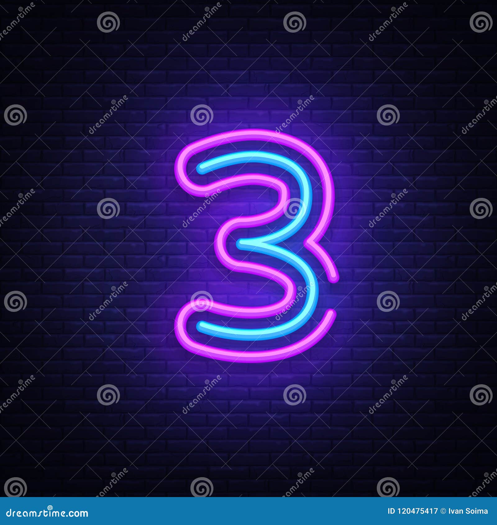 number three symbol neon sign vector third number three number three template