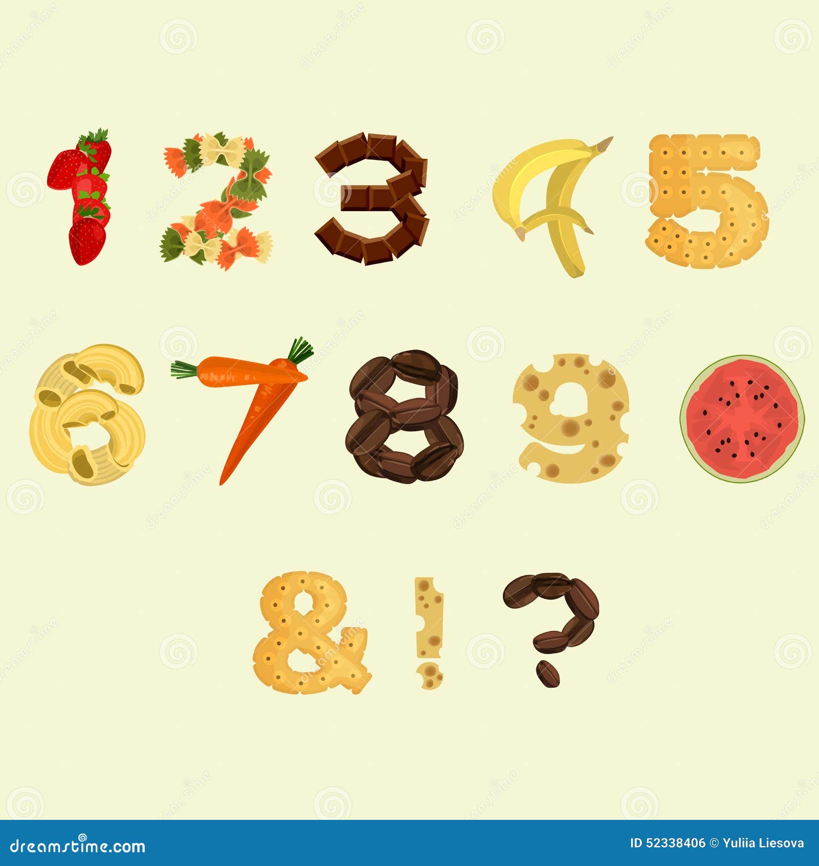 Numbers Made of Different Food in Flat Design Stock Vector