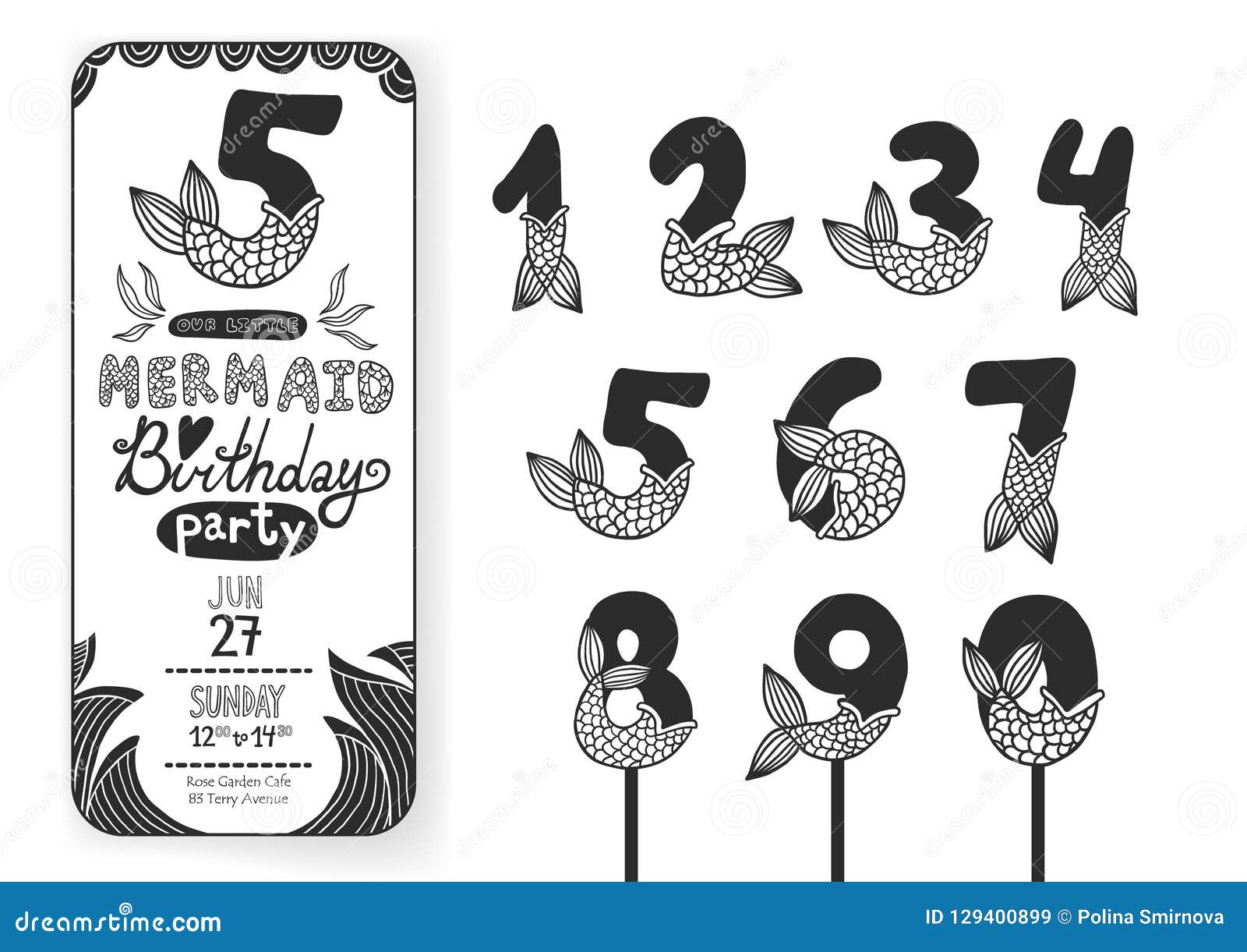 Numbers With Mermaid Tail Beautiful Vector Set Stock Vector