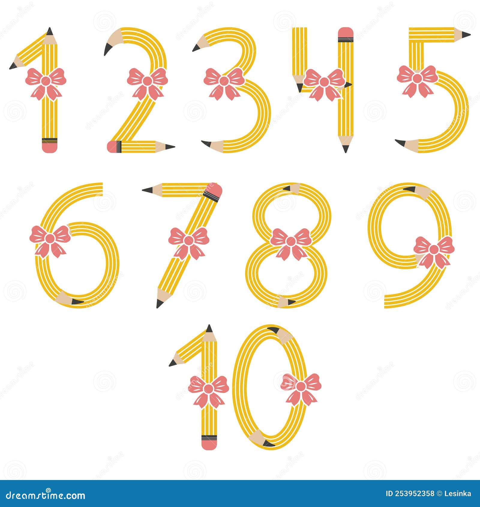 Numbers from Yellow Simple Pencils, Vector Illustration Isolated on a White Background Stock