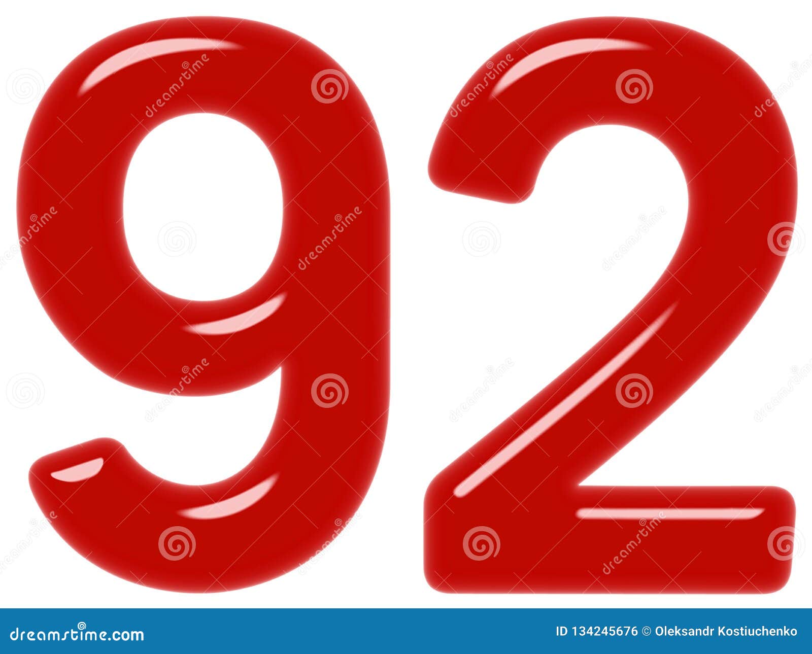 numeral 92, ninety two,  on white background, 3d render