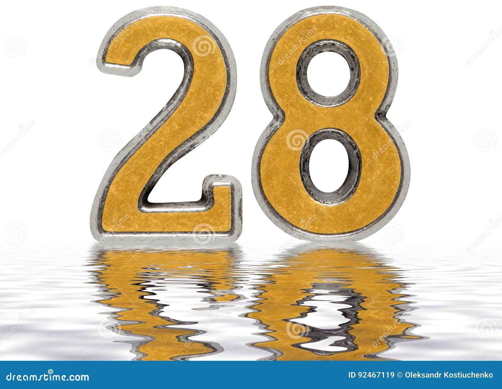 numeral 28, twenty eight, reflected on the water surface,  on white, 3d render