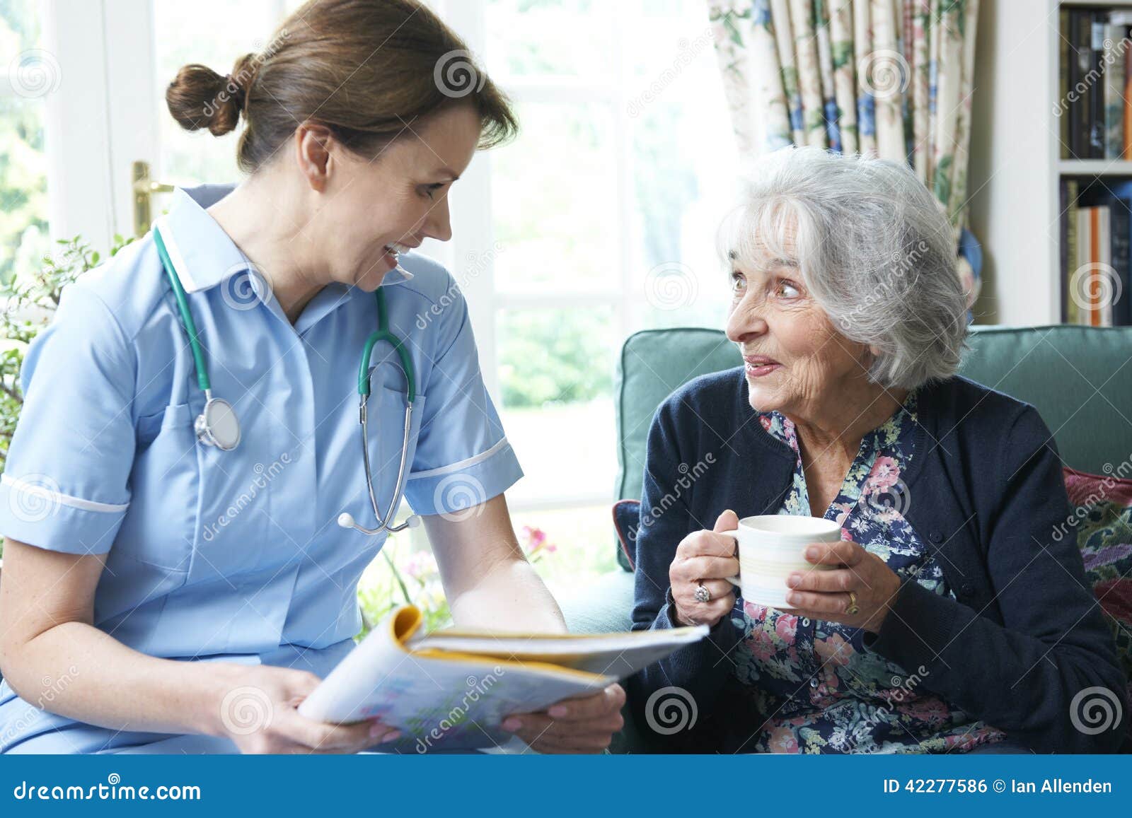 nurse discussing medical notes with senior woman at home