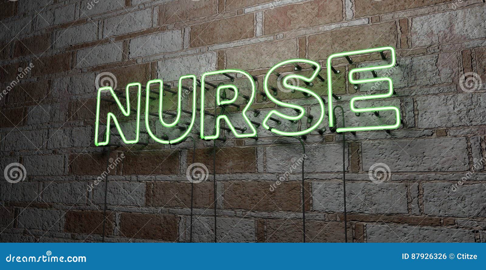 NURSE - Glowing Neon Sign on stonework wall - 3D rendered royalty free stock illustration. Can be used for online banner ads and direct mailers.