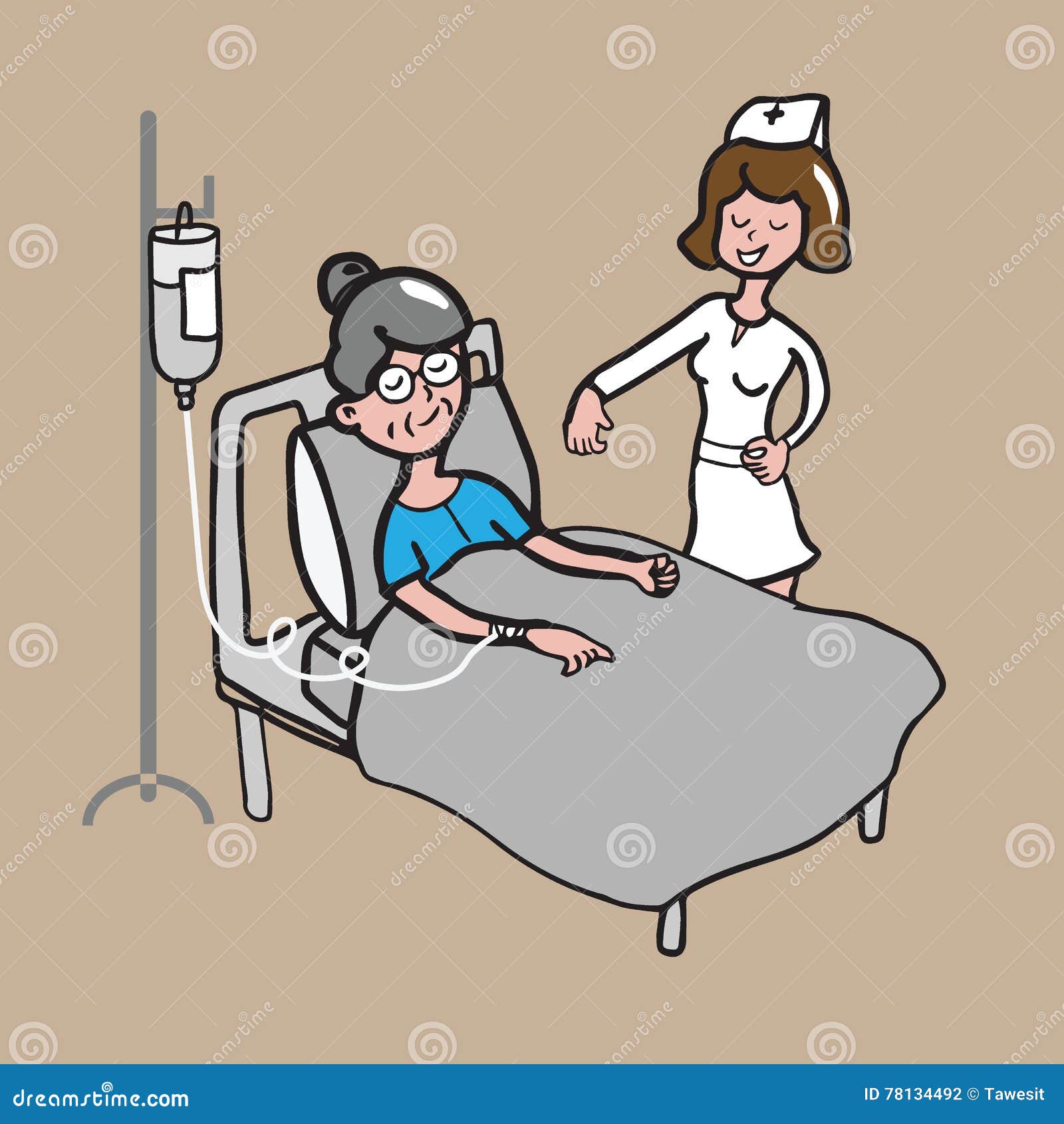 Nurse Takes Care Of Old Woman Cartoon Drawing Vector Illustration