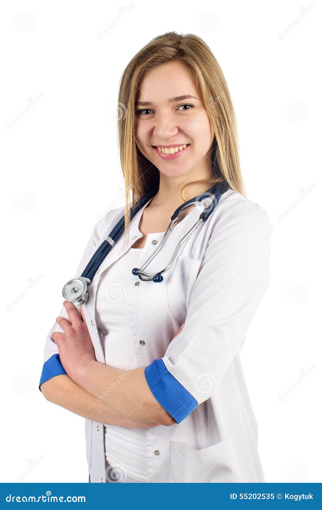 Nurse in Uniform with Stethoscope Isolated on White Background Stock