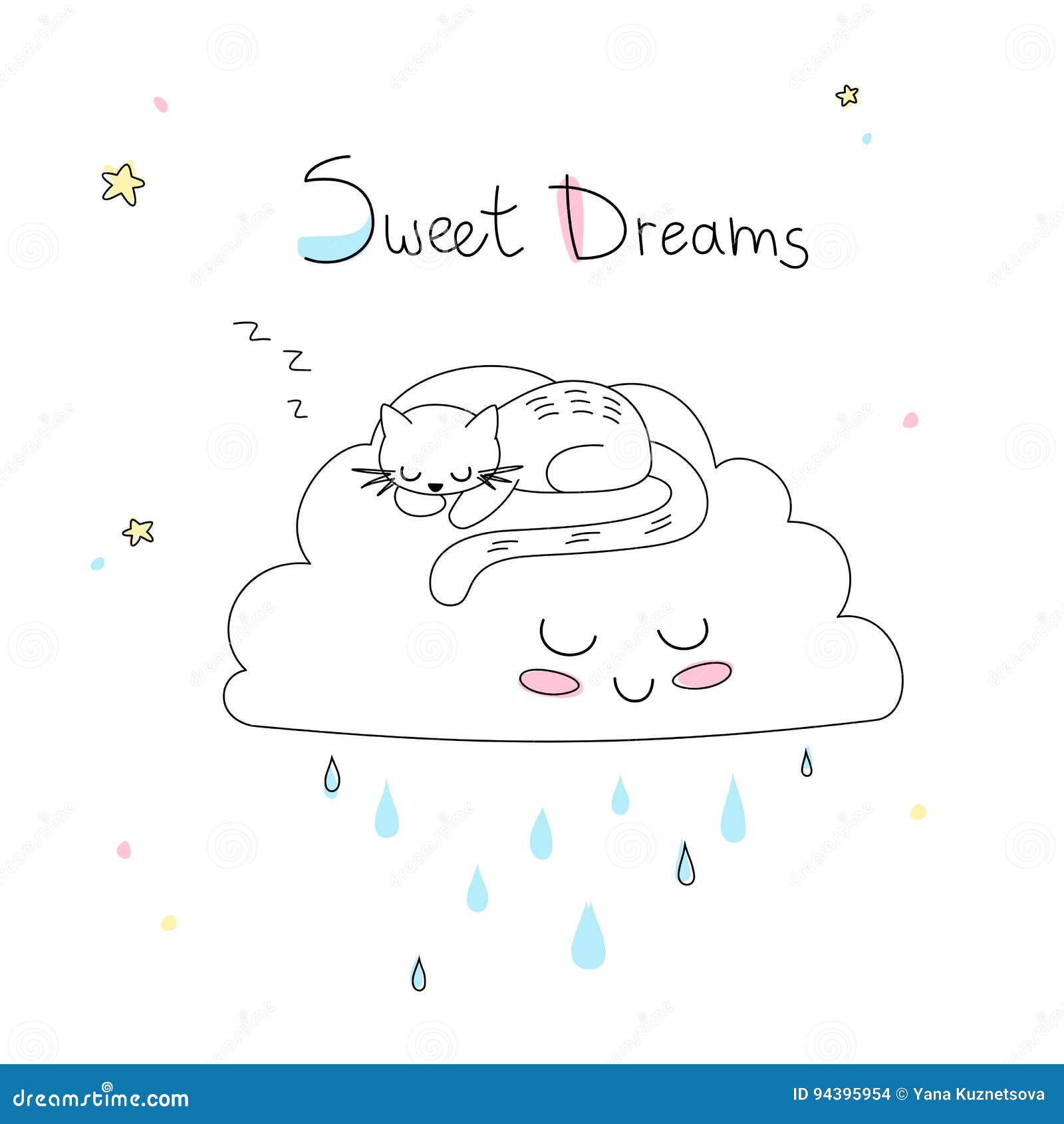 Nursery Art: Cute Hand-drawn Cat Sleep on the Funny Soft Cloud. Stock ...