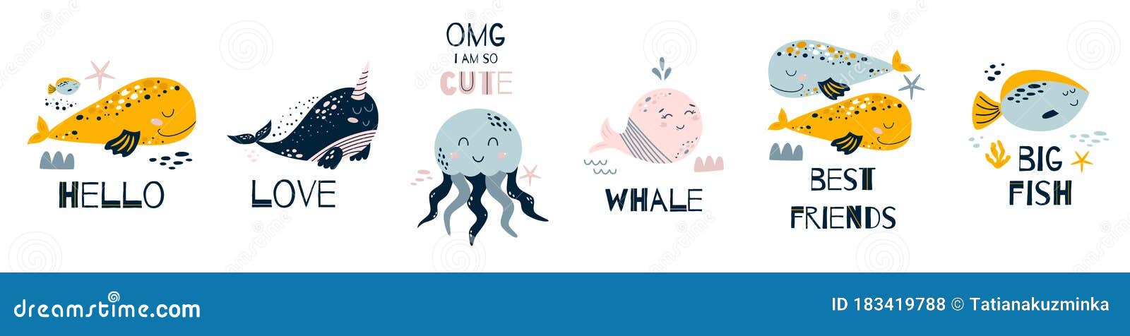 Nursery Art Nursery Poster Cute Sea Animals Set. Funny Whales, Big