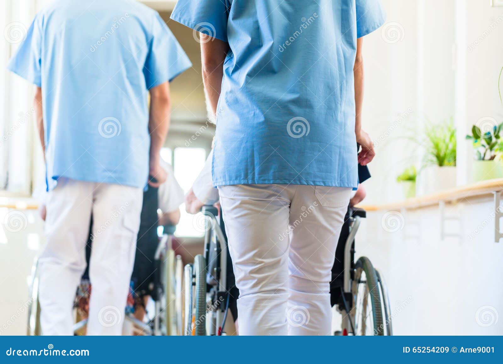 nurses pushing seniors in wheelchair thru nursing home