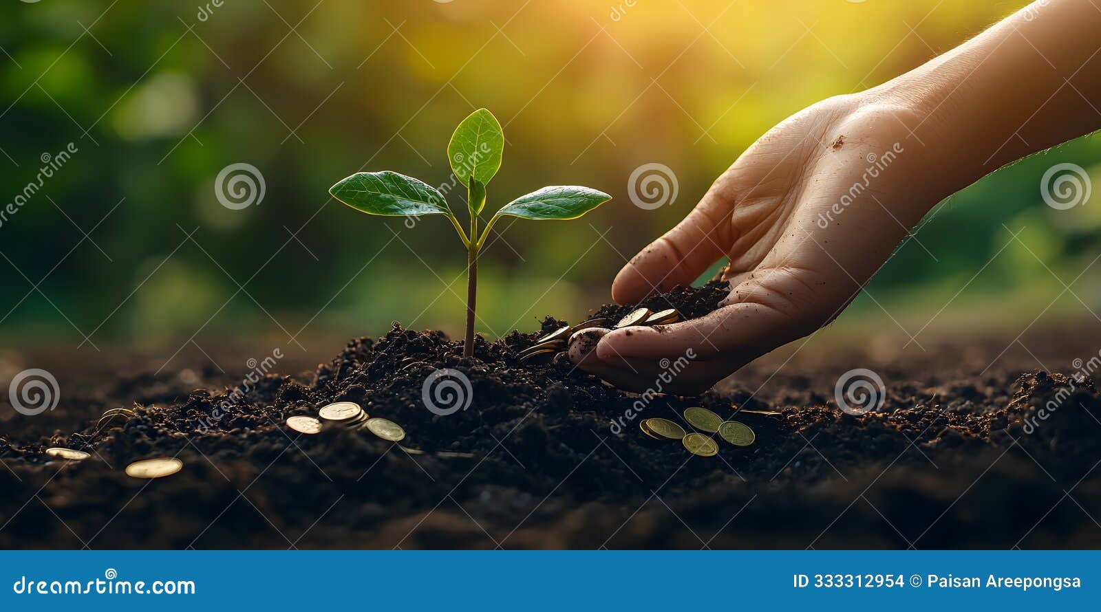 nurturing new life: a gentle hand plants a tree amidst shimmering coins in the earth's embrace