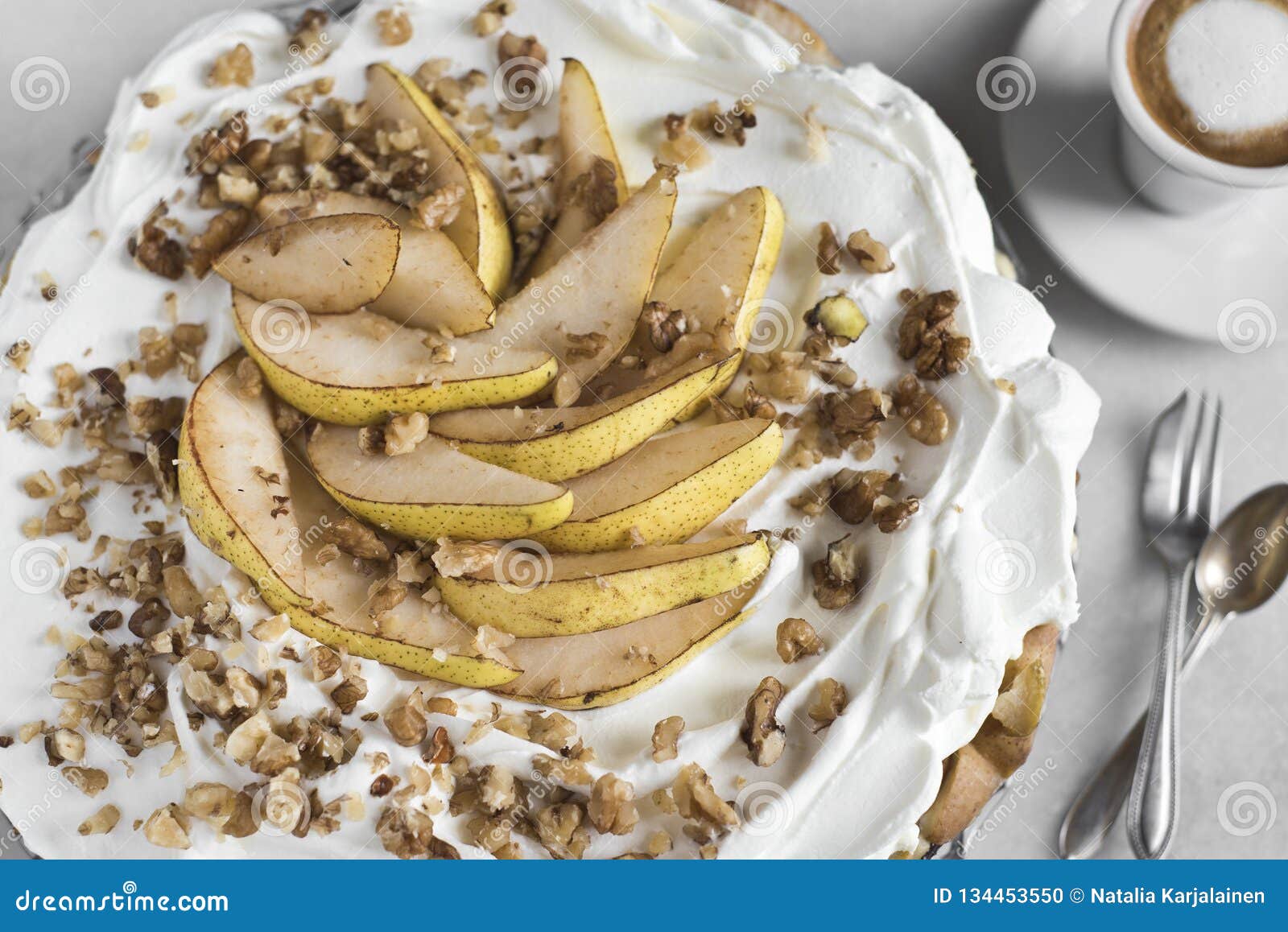 Nut Meringue with Mountain, Espresso Macchiato Cup and Vintage Fork and
