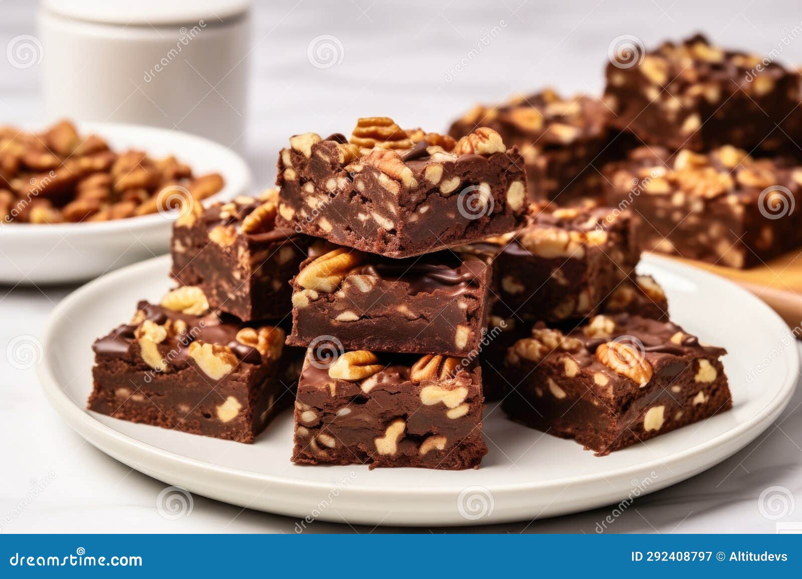 Nuttopped Brownies on a White Ceramic Dish Stock Image Image of