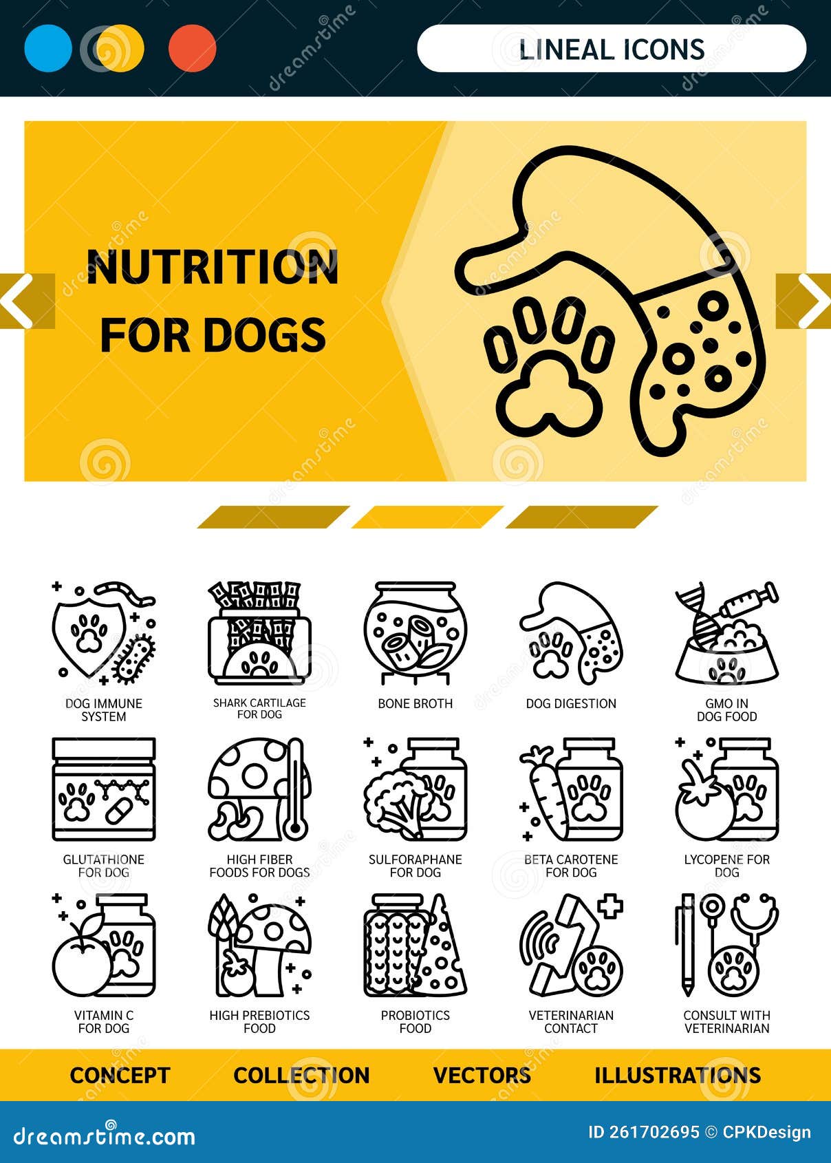 nutrition for dog lineal icons.