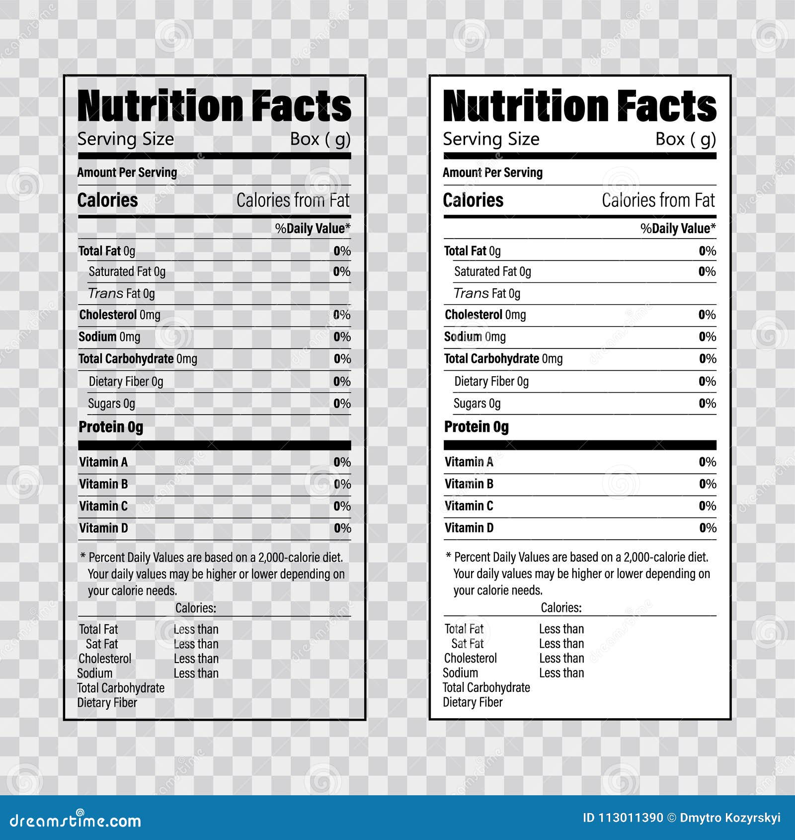 Nutrition Facts Information Label Template Daily Value Ingredient Calories Cholesterol And Fats In Grams And Percent Stock Vector Illustration Of Fiber Interpretation 113011390