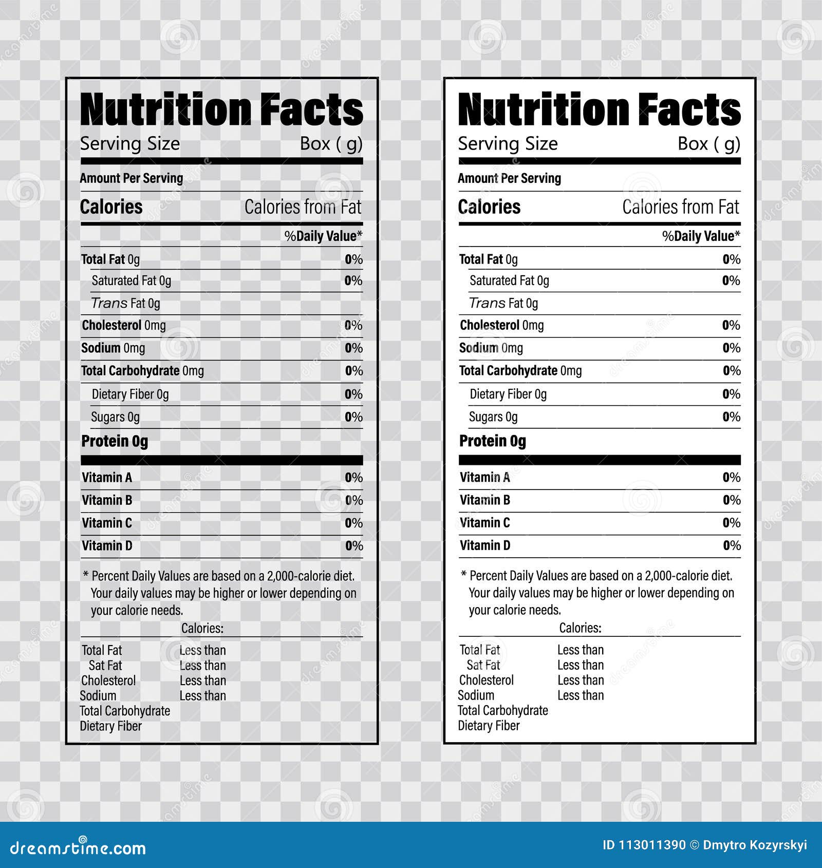 Nutrition Facts Information Label Template. daily Value Ingredient  Calories, Cholesterol and Fats in Grams and Percent Stock Vector -  Illustration of fiber, interpretation: 113011390