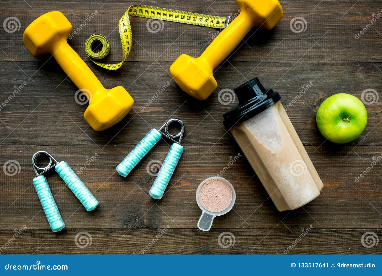 Download Nutrition For Workout With Protein Cocktail And Bars On Wooden Background Top View Mockup Stock ...
