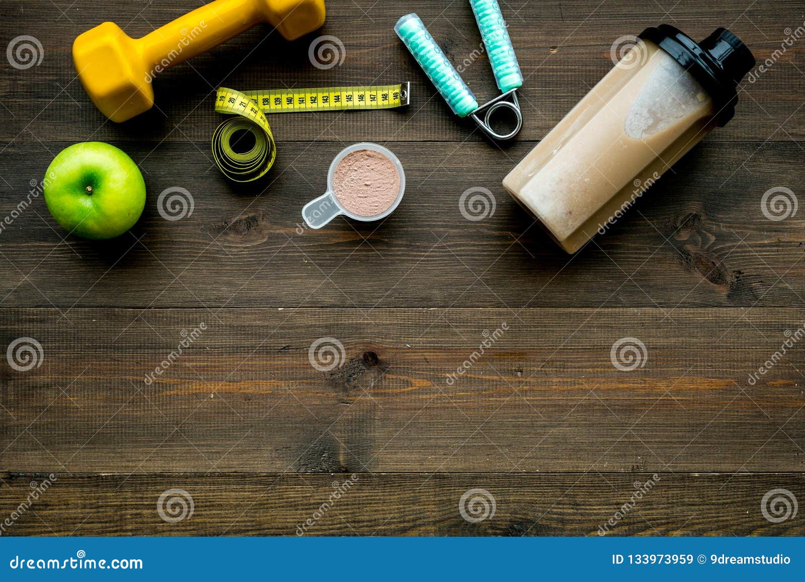Download Nutrition For Workout With Protein Cocktail And Bars On Wooden Background Top View Mockup Stock ...