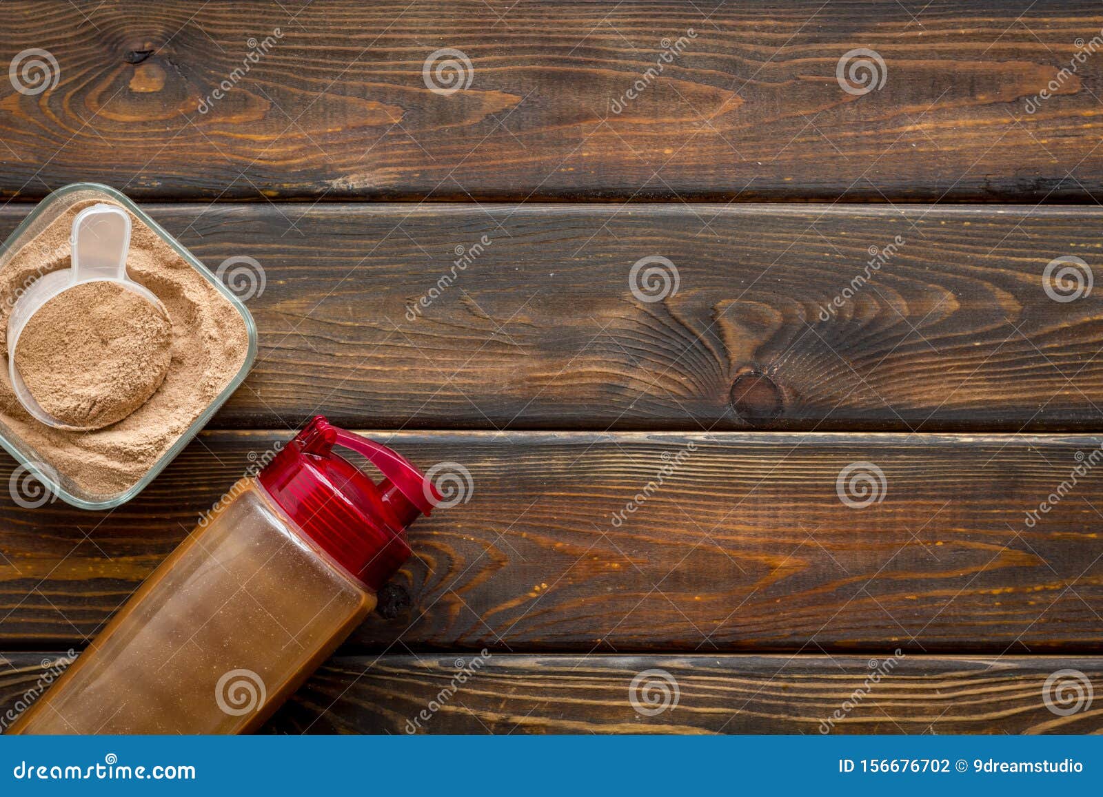 Download Nutrition For Workout With Protein Cocktail Powder And Shaker On Wooden Background Top View ...