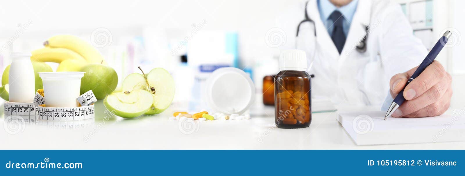 nutritionist doctor writes the medical prescription for a correct diet on a desk with fruits, drugs and supplements, web banner